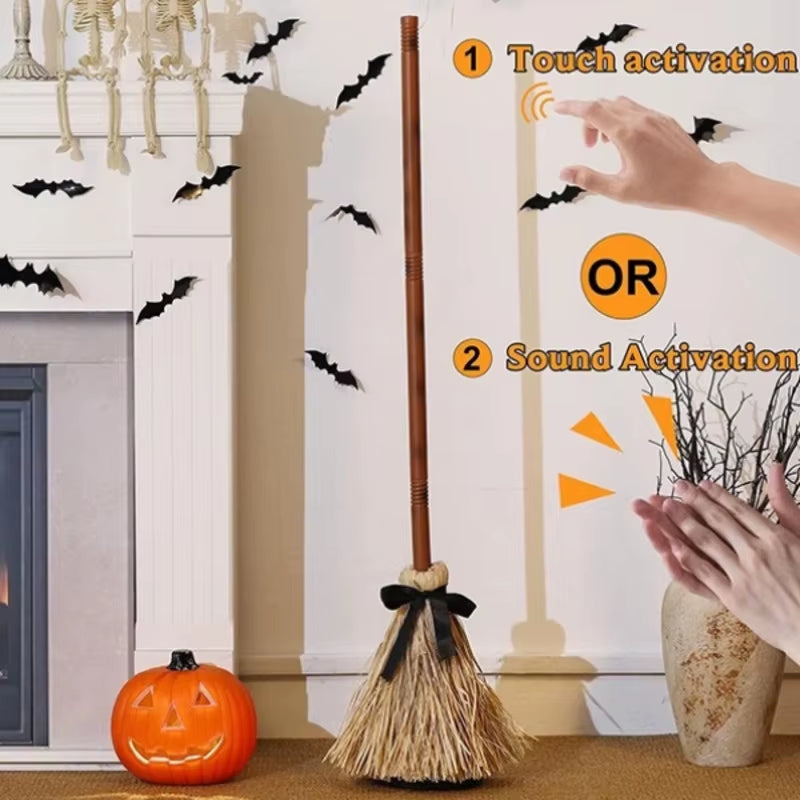 Floating Witch Broom Halloween Holiday Party Decoration Props Haunted Animation Dance Broom Home Decorations
