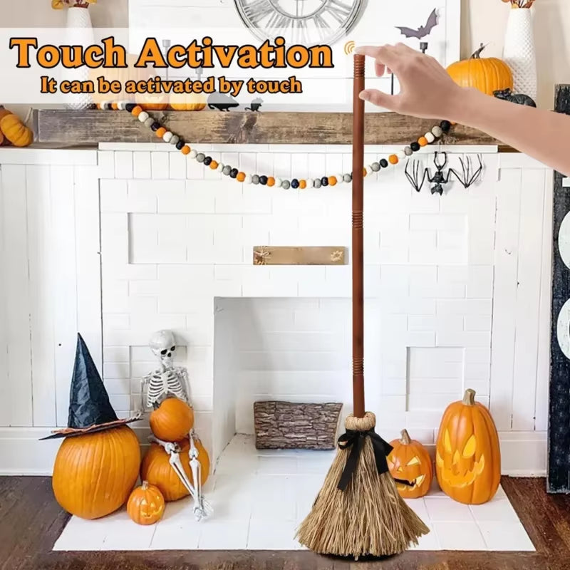 Floating Witch Broom Halloween Holiday Party Decoration Props Haunted Animation Dance Broom Home Decorations