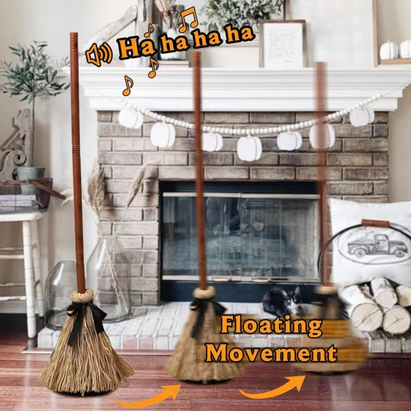 Floating Witch Broom Halloween Holiday Party Decoration Props Haunted Animation Dance Broom Home Decorations